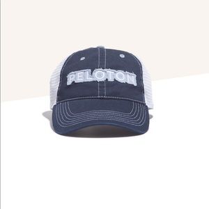 NEW! PELOTON Hat Frayed Stamp Front Mesh Back Adjustable Velcro Back Blue White